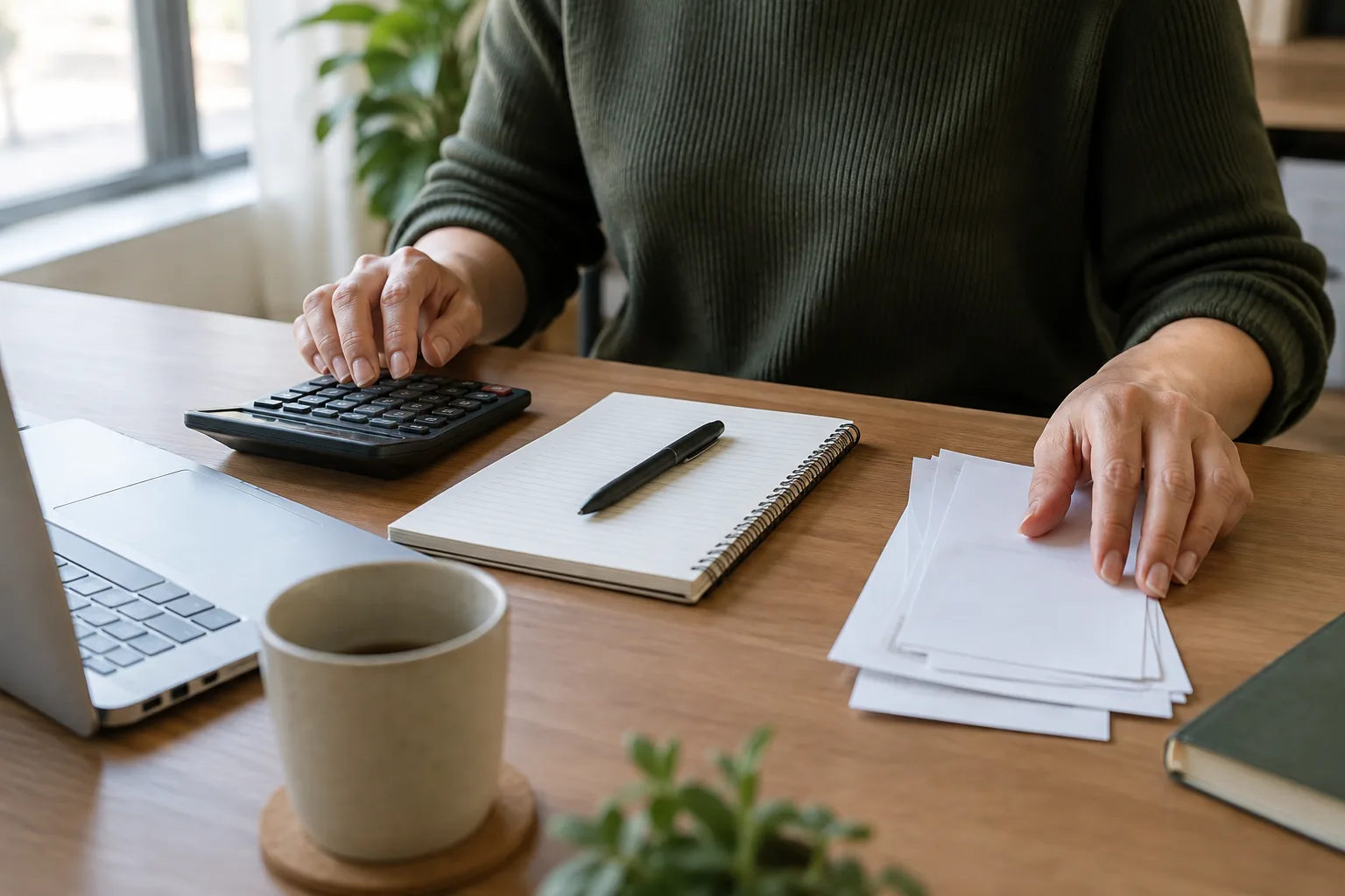 Mains consultant un carnet de comptes et une calculatrice sur un bureau.