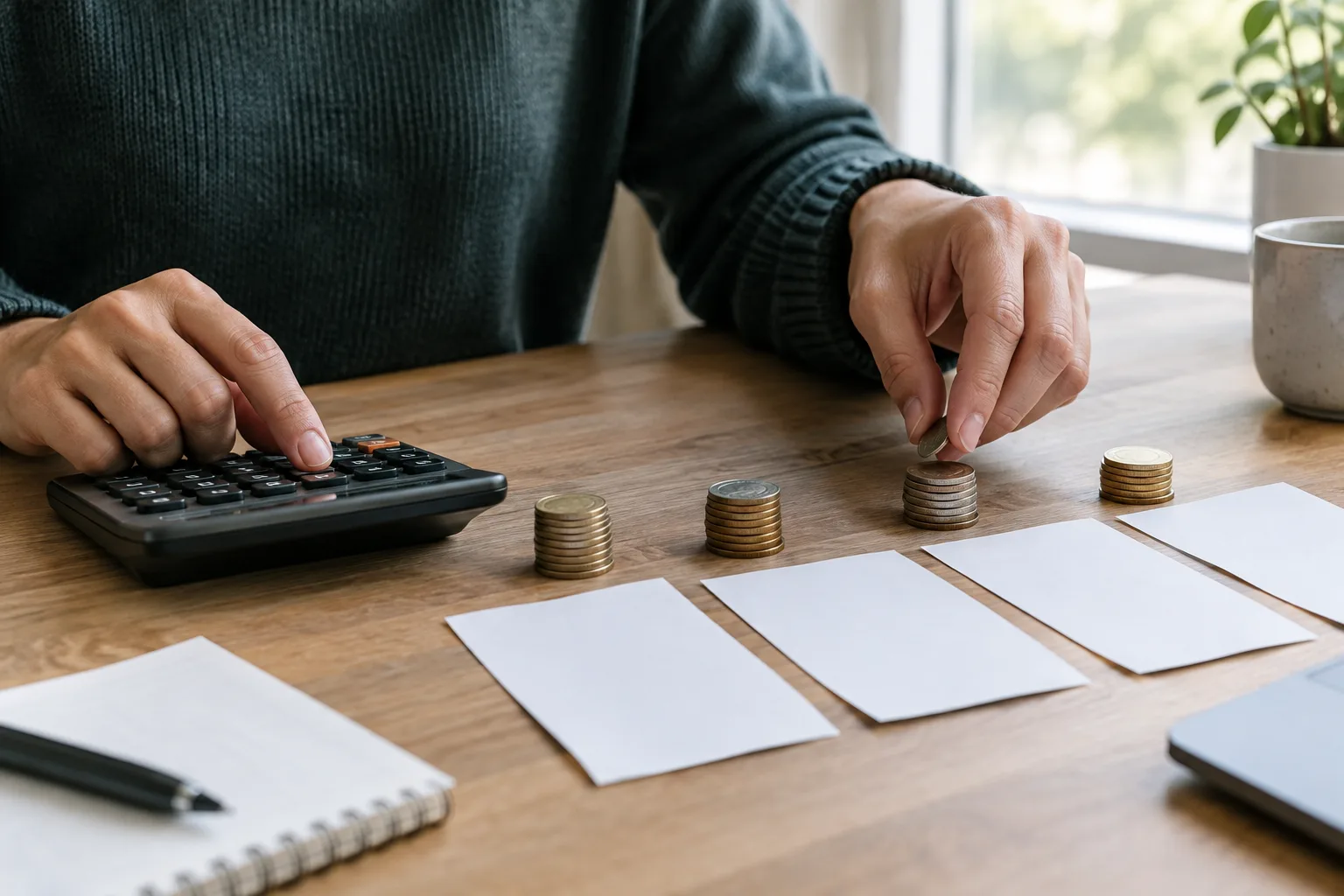 Des mains répartissent des pièces et consultent une calculatrice pour organiser les sommes encaissées.