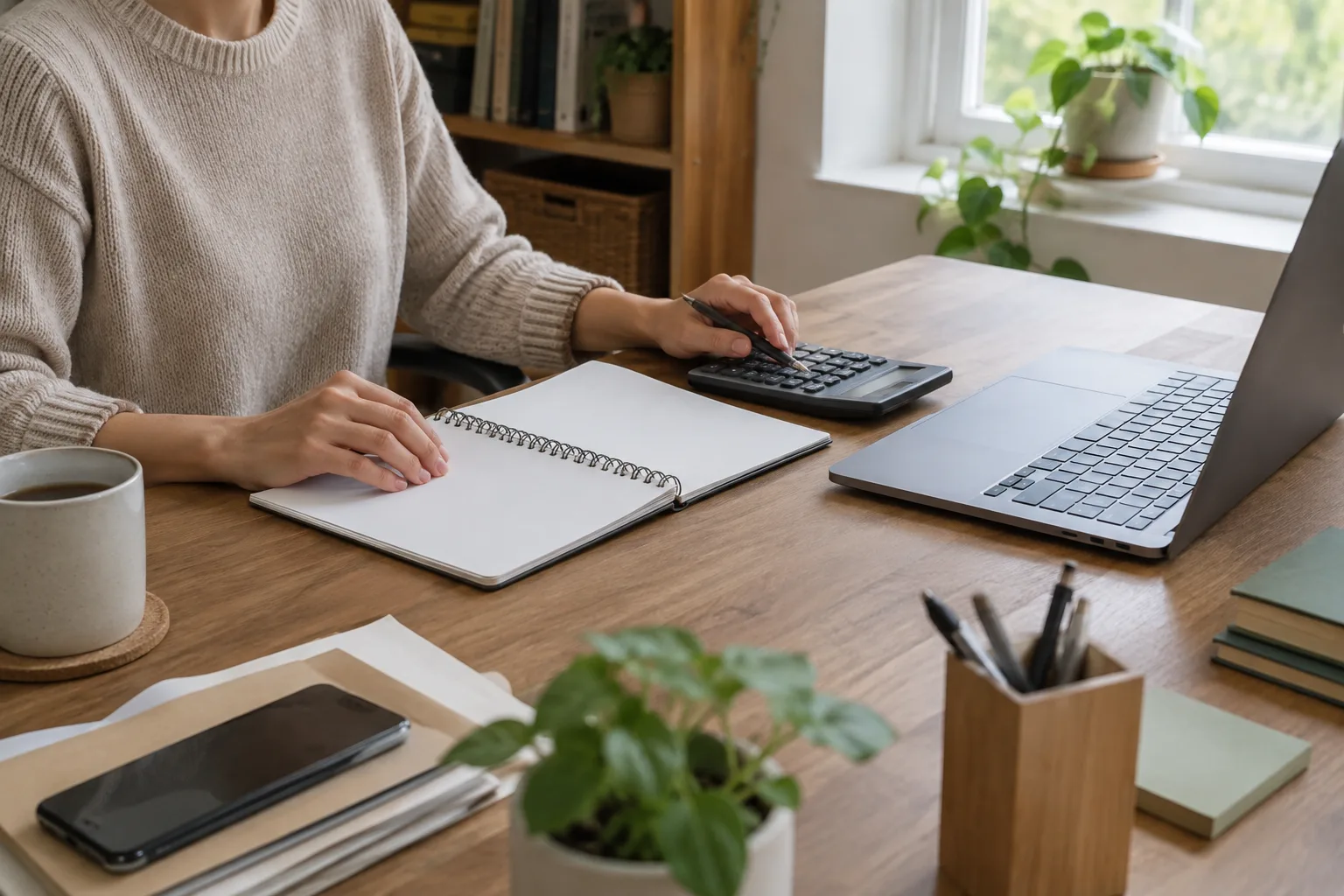 Un indépendant organise ses comptes avec un carnet, une calculatrice et un ordinateur.
