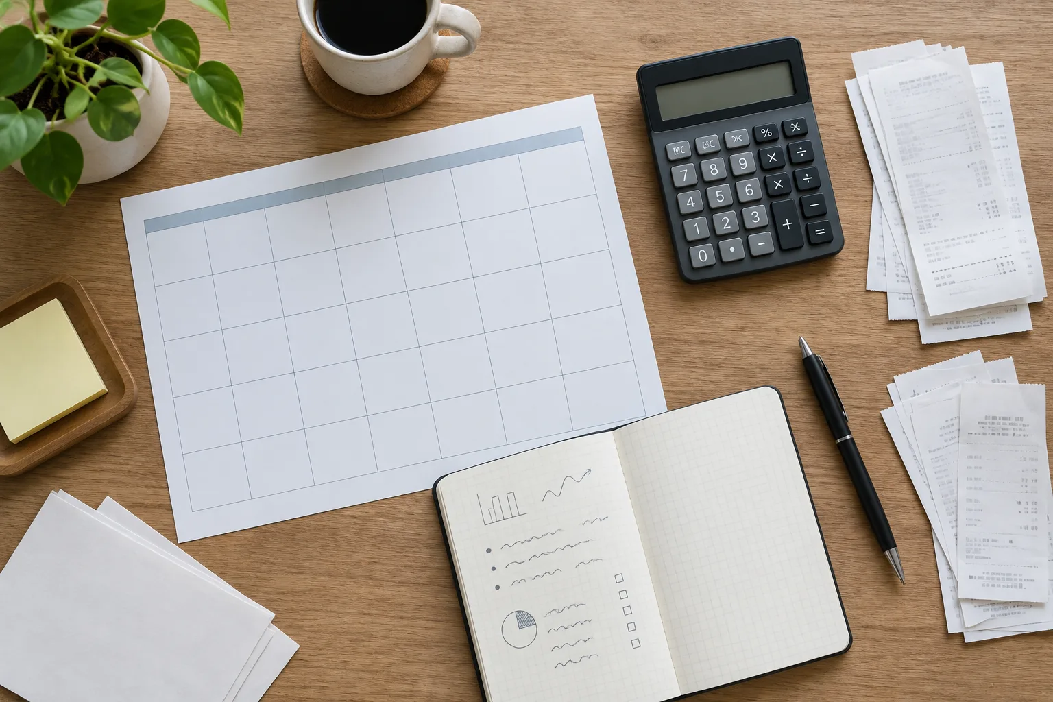 Un calendrier vierge, une calculatrice et des reçus illustrent la préparation d’un prévisionnel de trésorerie.