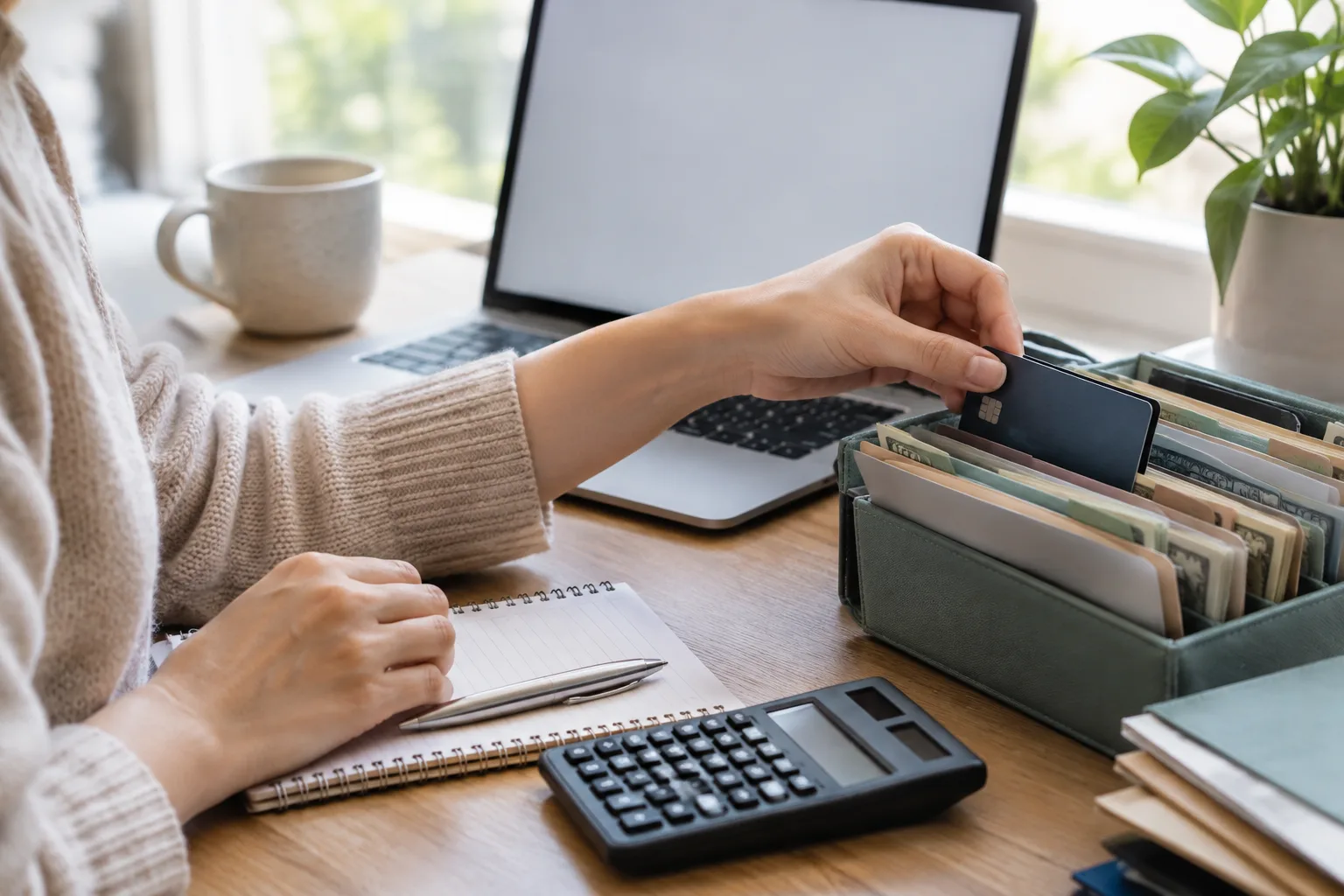 Une personne organise ses provisions professionnelles près d’un carnet et d’un calculateur.
