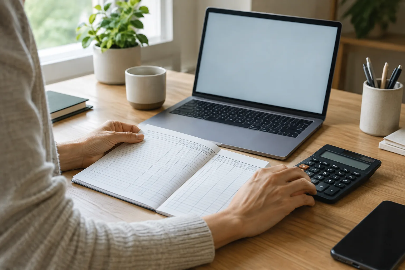 Des mains organisent des documents de trésorerie et un calculateur sur un bureau.