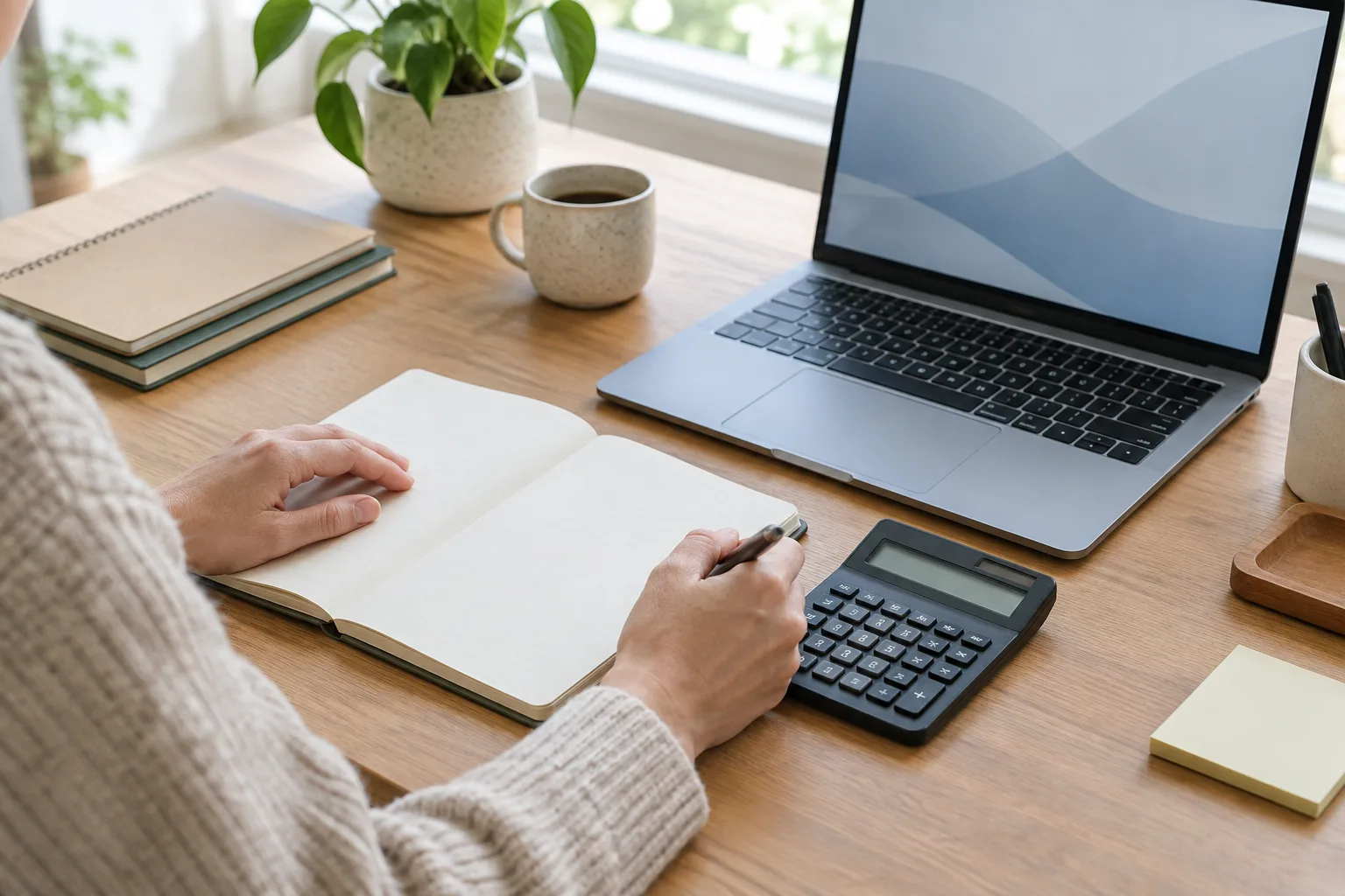 Un carnet de suivi financier, une calculatrice et un ordinateur sur un bureau.