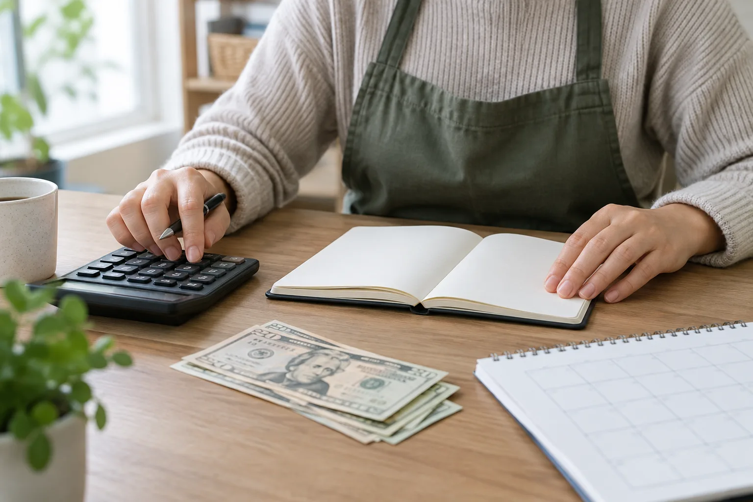 Une personne calcule ses dépenses professionnelles à côté d’un carnet ouvert et de factures sans texte lisible.