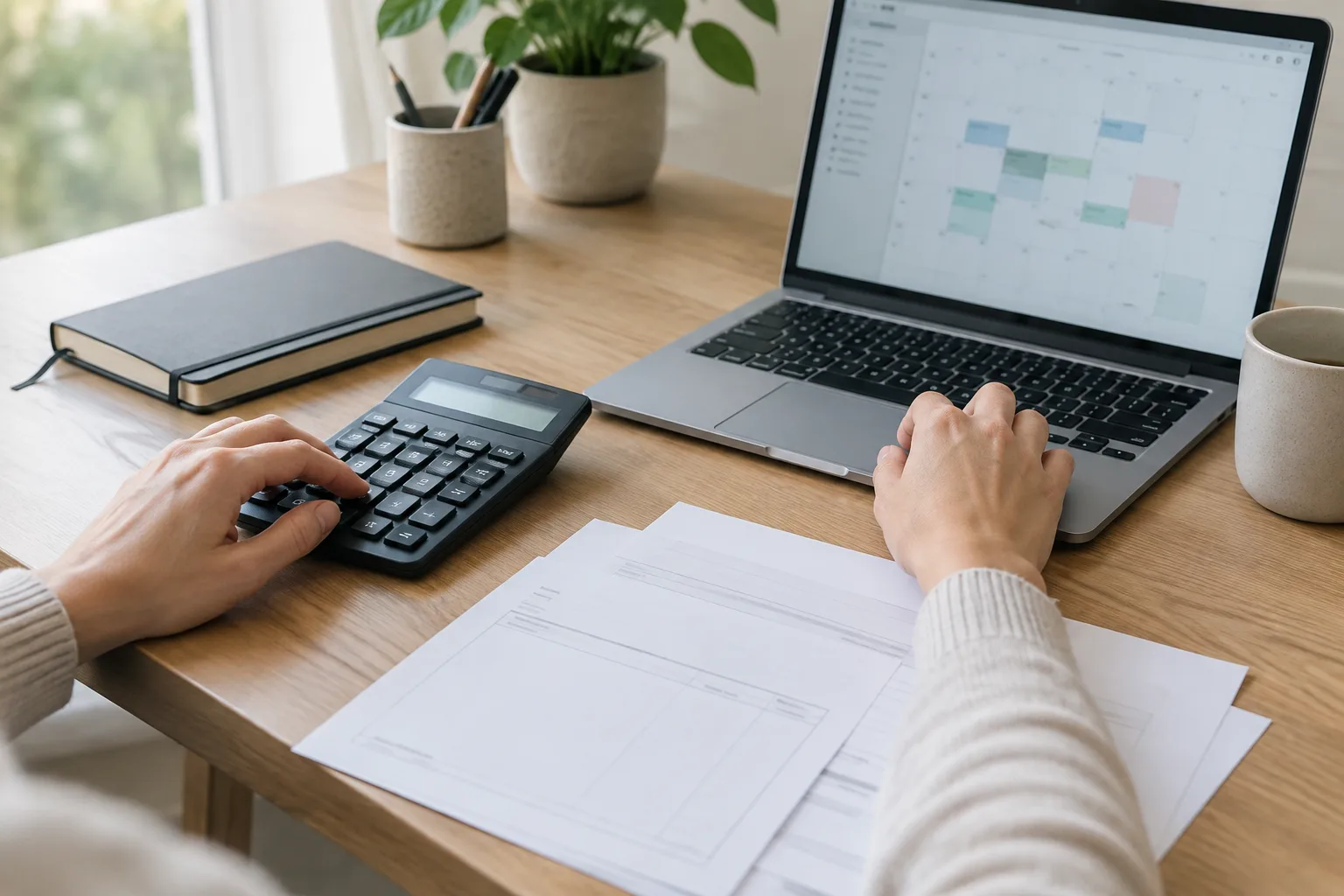 Mains préparant un suivi de trésorerie avec un carnet, une calculatrice et des documents de facturation.