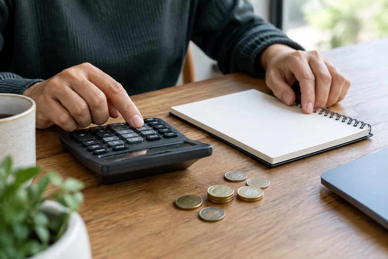 Des mains utilisent une calculatrice près d’un carnet et de pièces pour estimer une réserve financière.