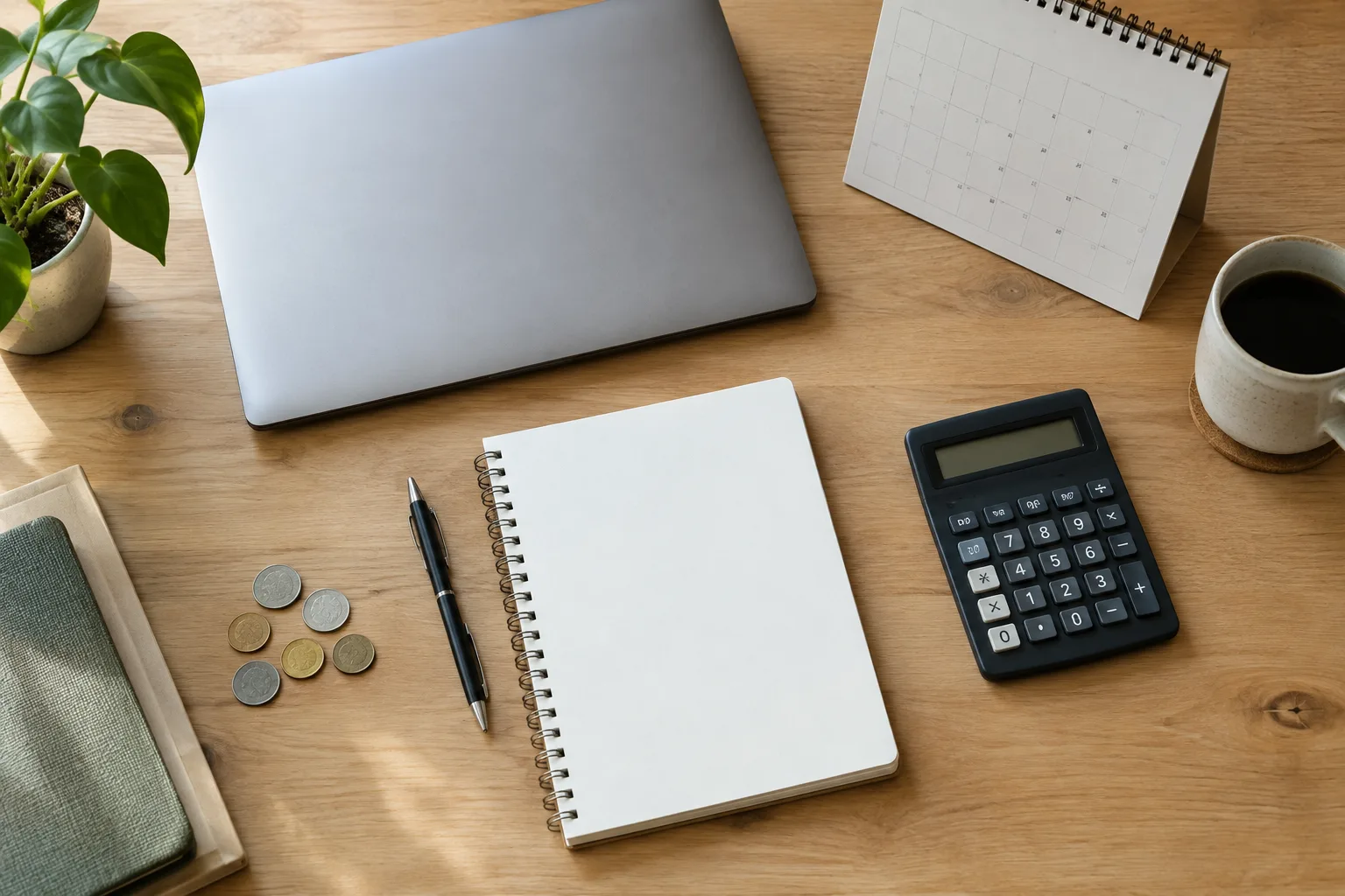 Bureau avec un carnet, une calculatrice et des pièces pour préparer le suivi de la trésorerie.