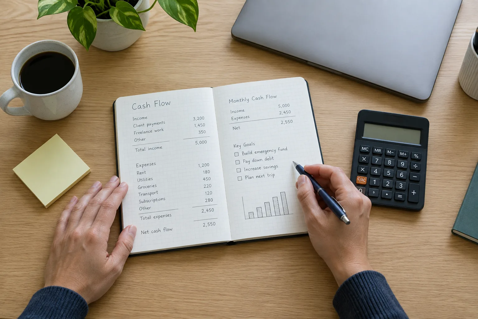 Un indépendant consulte un tableau de trésorerie à côté d’une calculatrice.