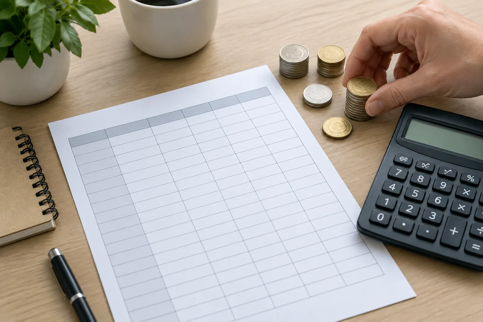 Une main place des pièces à côté d’un tableau de suivi hebdomadaire et d’une calculatrice.
