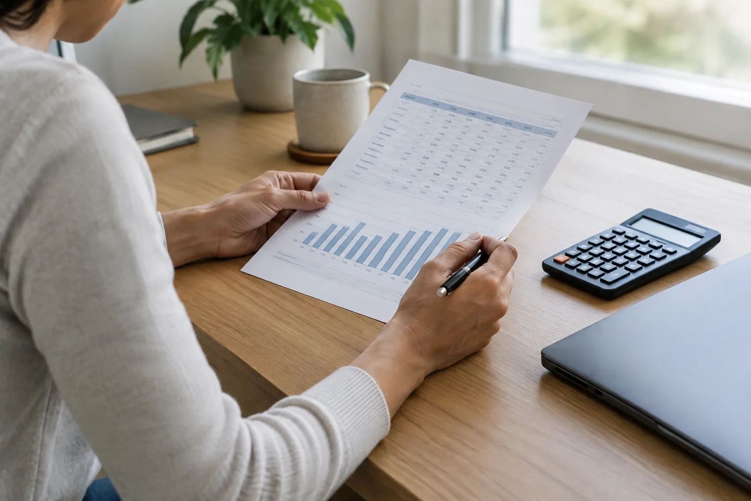 Un indépendant vérifie ses prévisions de trésorerie à l’aide d’un tableau et d’une calculatrice.