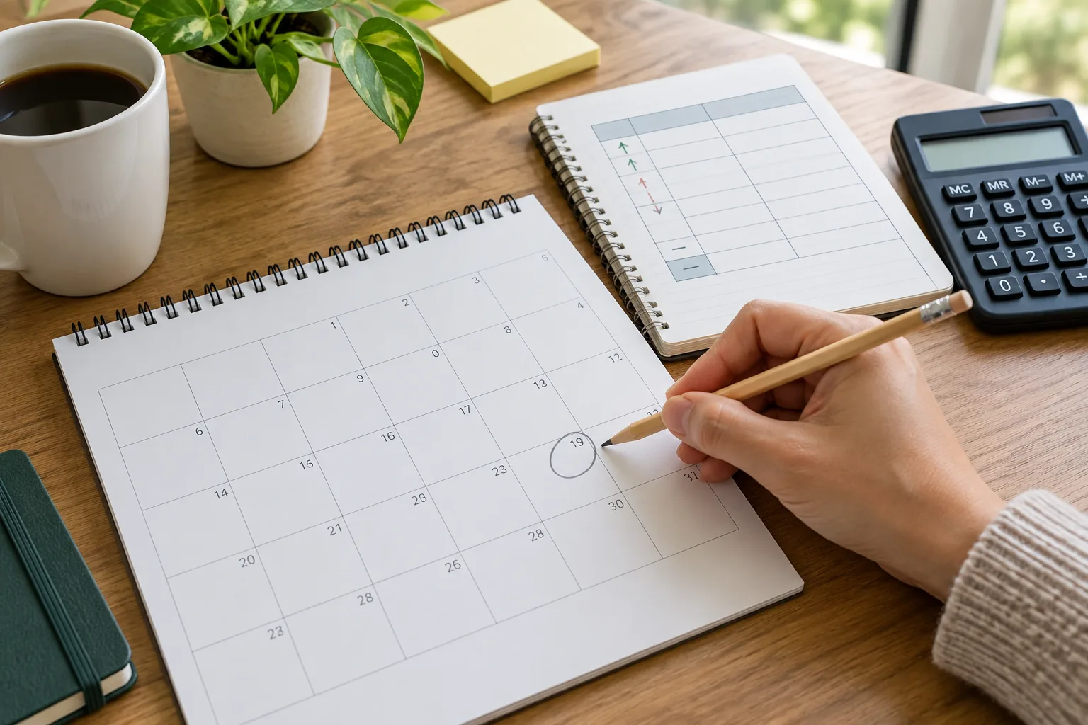 Une main marque une date sur un calendrier placé près d’un carnet et d’une calculatrice.