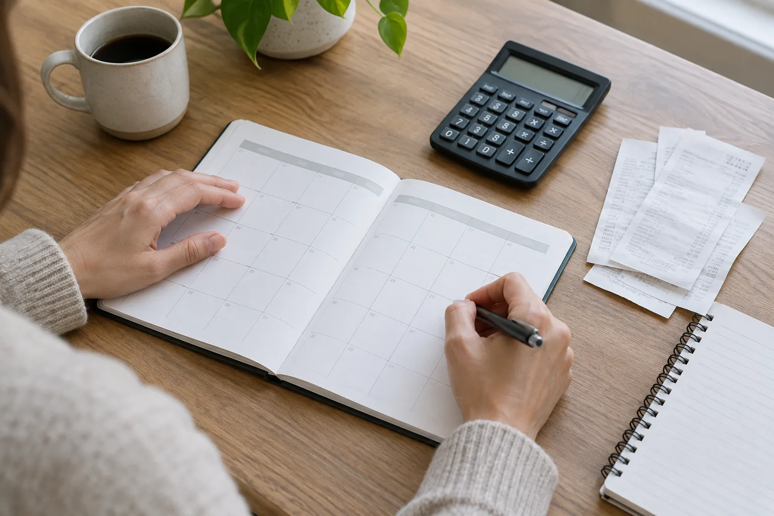 Un agenda ouvert, une calculatrice et des reçus sur un bureau.