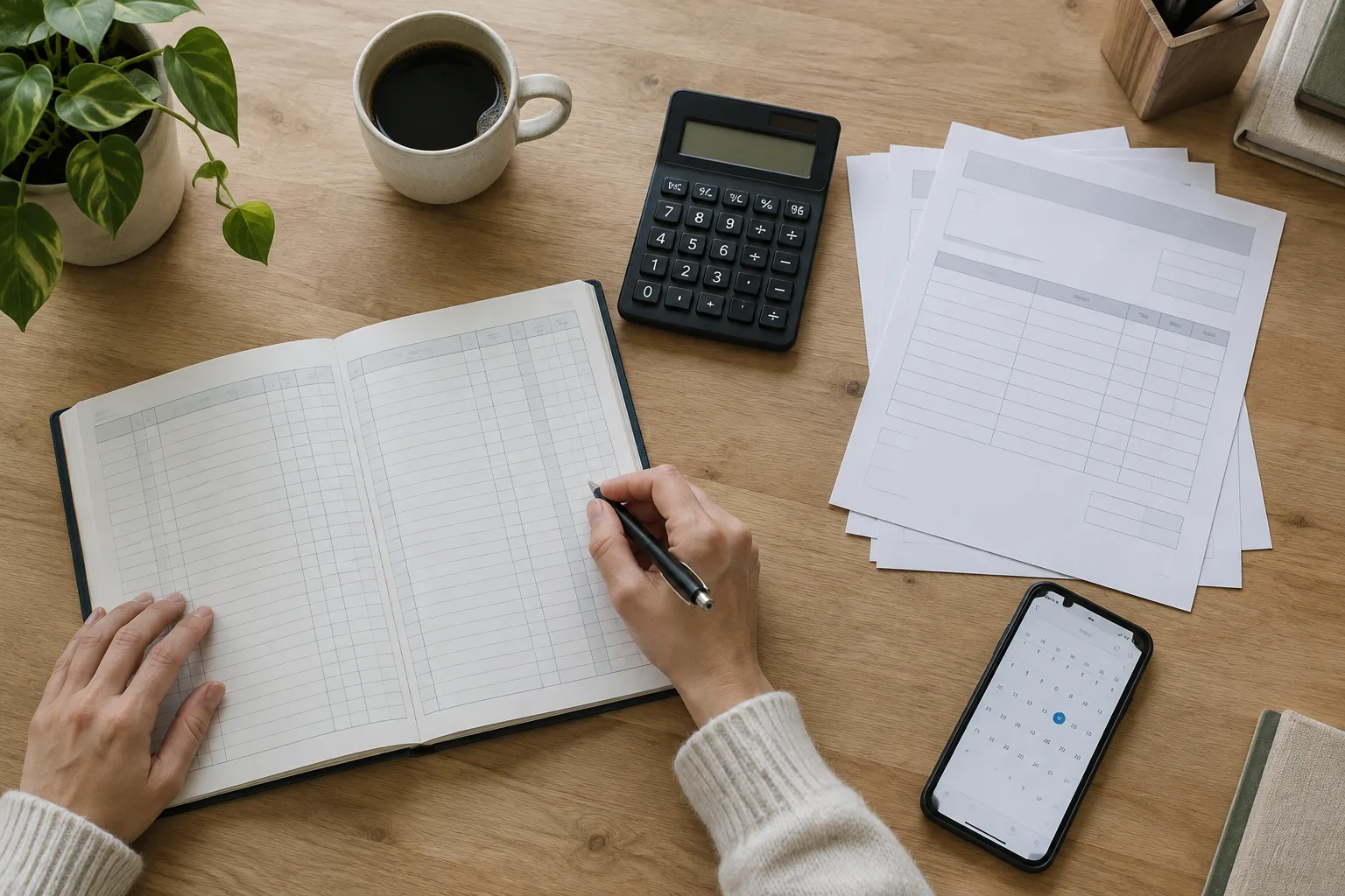Un carnet de suivi des dépenses et un calendrier posés sur un bureau de travail.