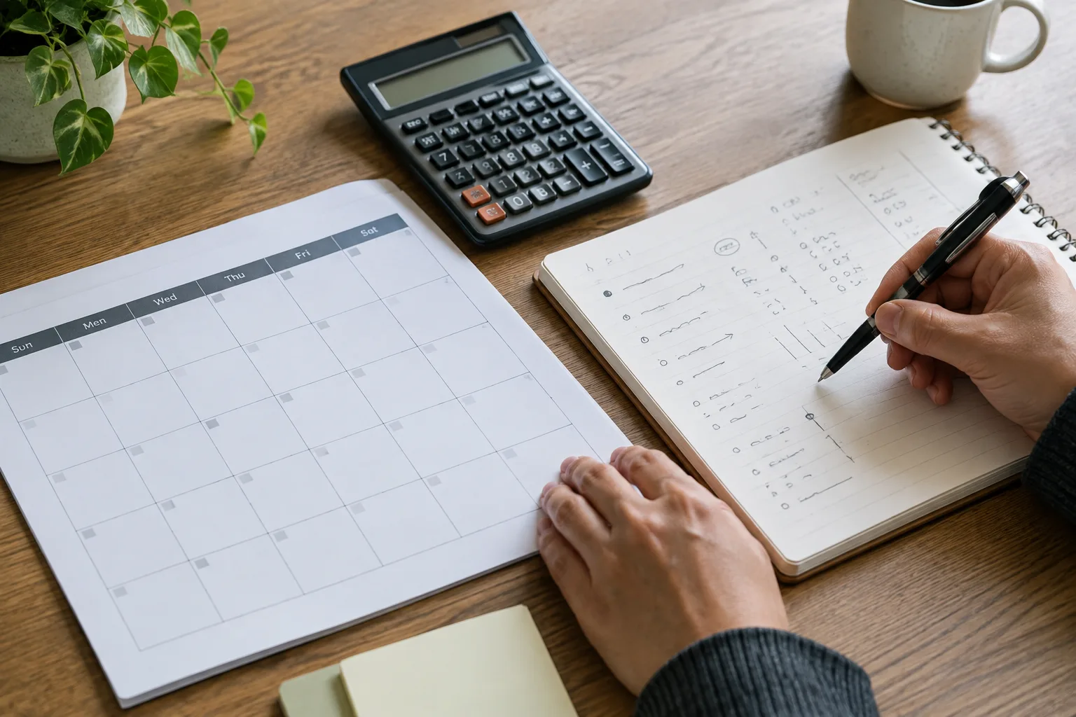 Une main compare un calendrier vierge, un carnet de suivi et une calculatrice.