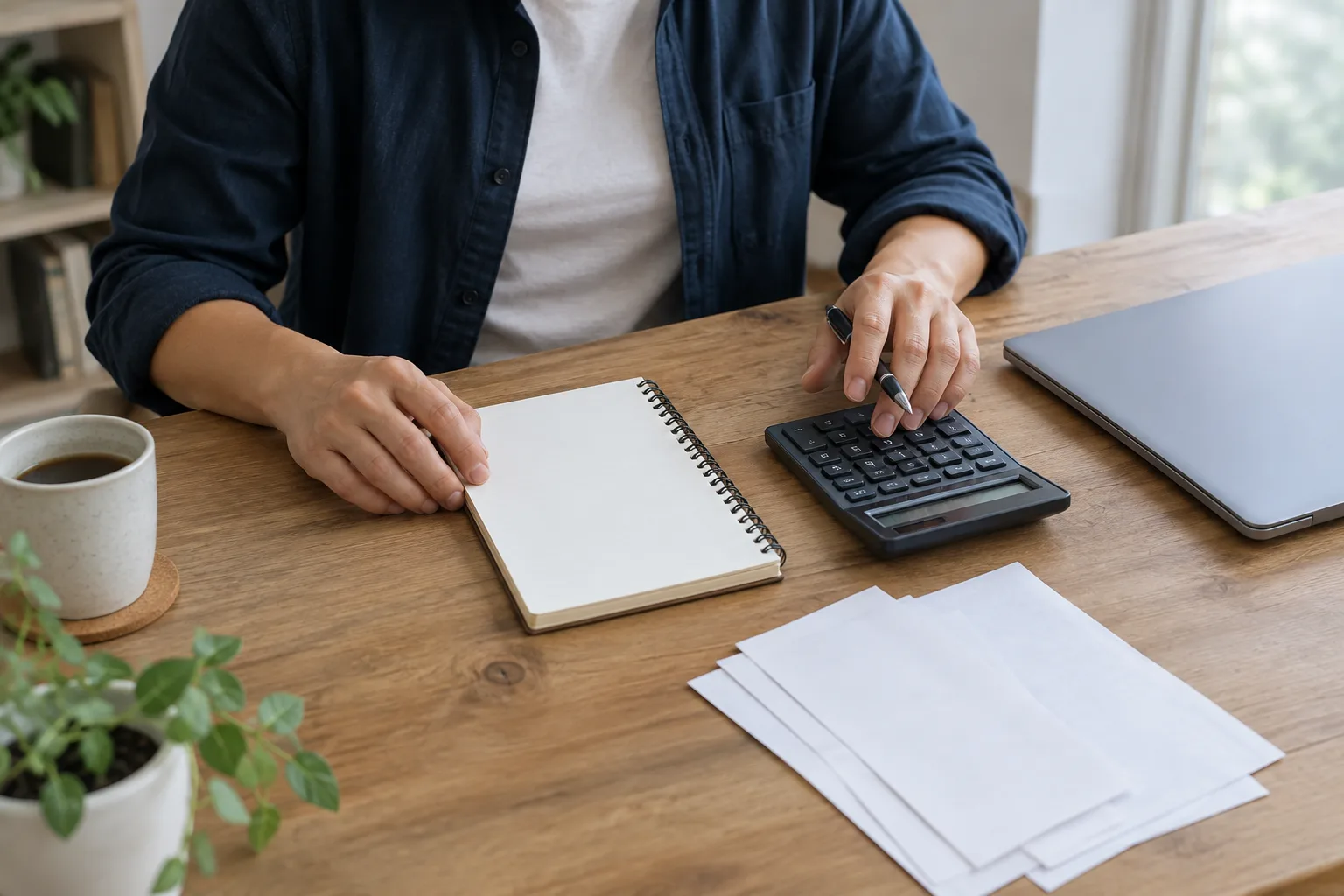 Un indépendant organise ses documents financiers et calcule ses dépenses sur un bureau.