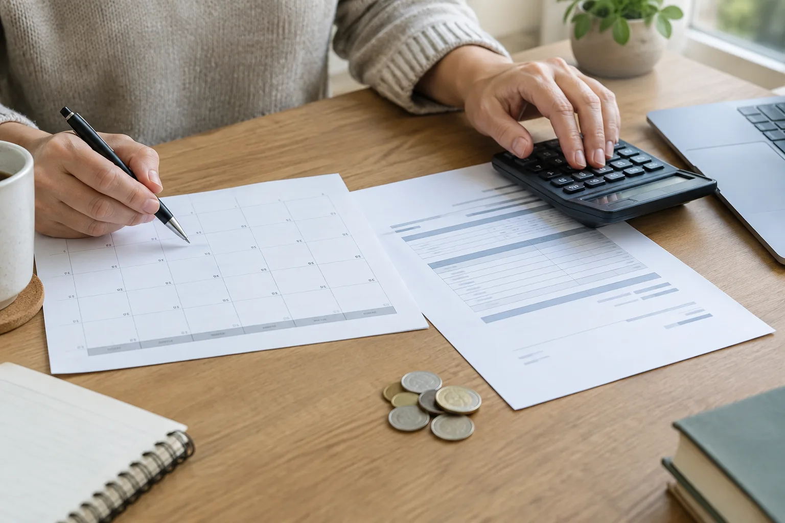 Des mains rapprochent une facture, un calendrier vierge et une calculatrice pour suivre un paiement attendu.