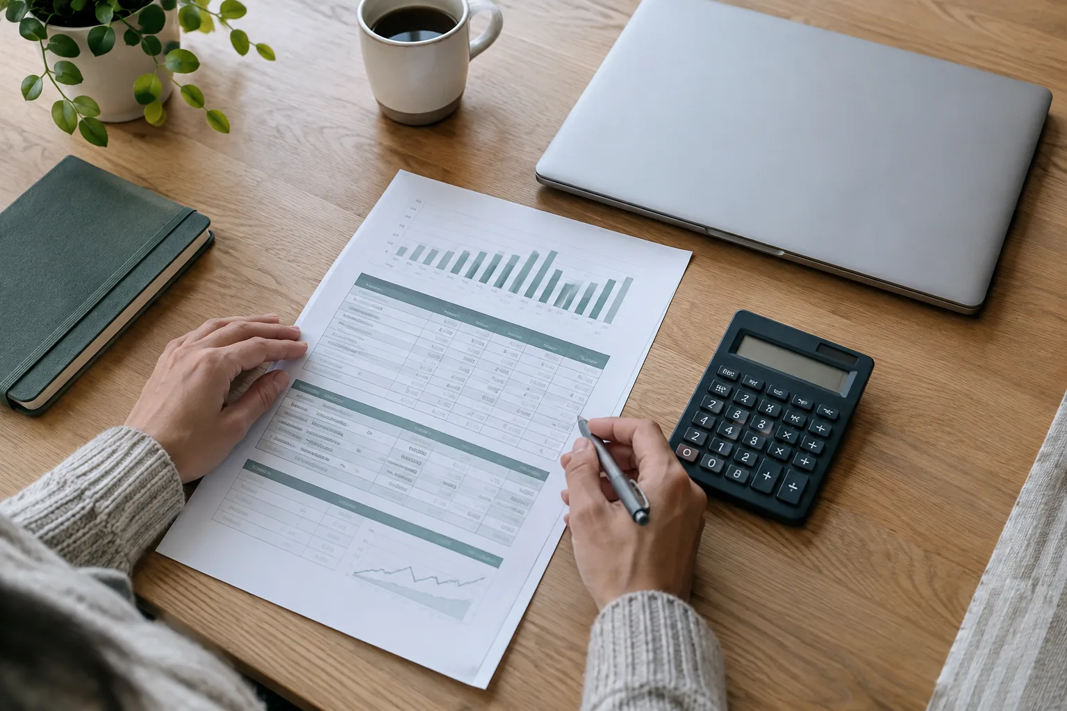 Un professionnel indépendant consulte un calendrier financier près d’une calculatrice et d’un ordinateur fermé.