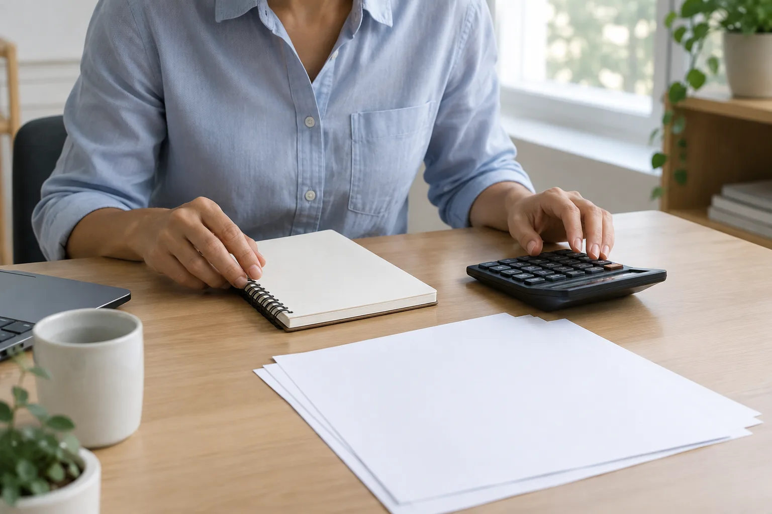 Un indépendant consulte ses comptes et organise ses documents financiers sur un bureau.