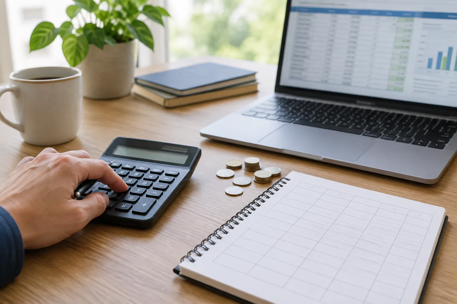 Une calculatrice, un carnet quadrillé et un ordinateur évoquent le suivi des recettes et des dépenses d’une activité indépendante.