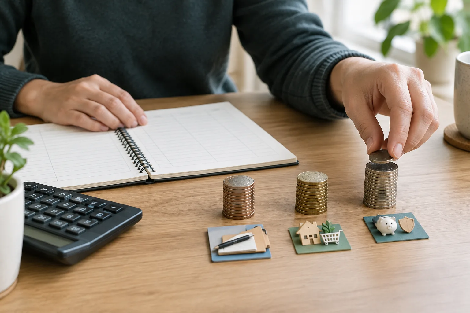 Des pièces sont réparties en plusieurs piles à côté d’un registre et d’une calculatrice.