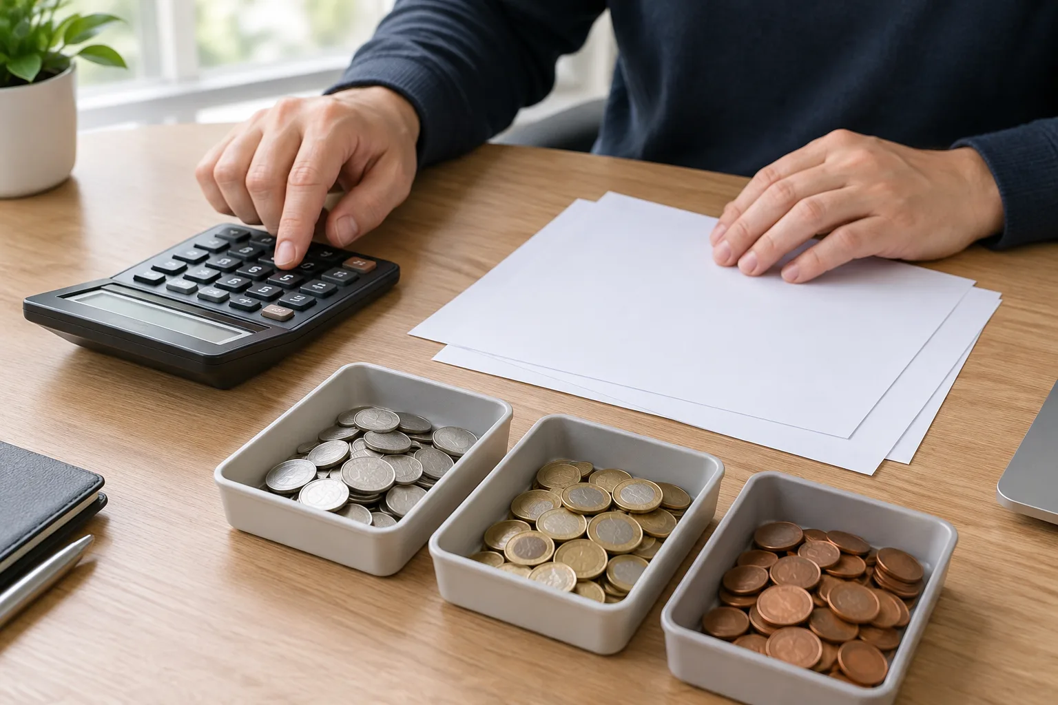 Des mains utilisent une calculatrice près de feuilles vierges et de petits plateaux pour répartir des pièces.