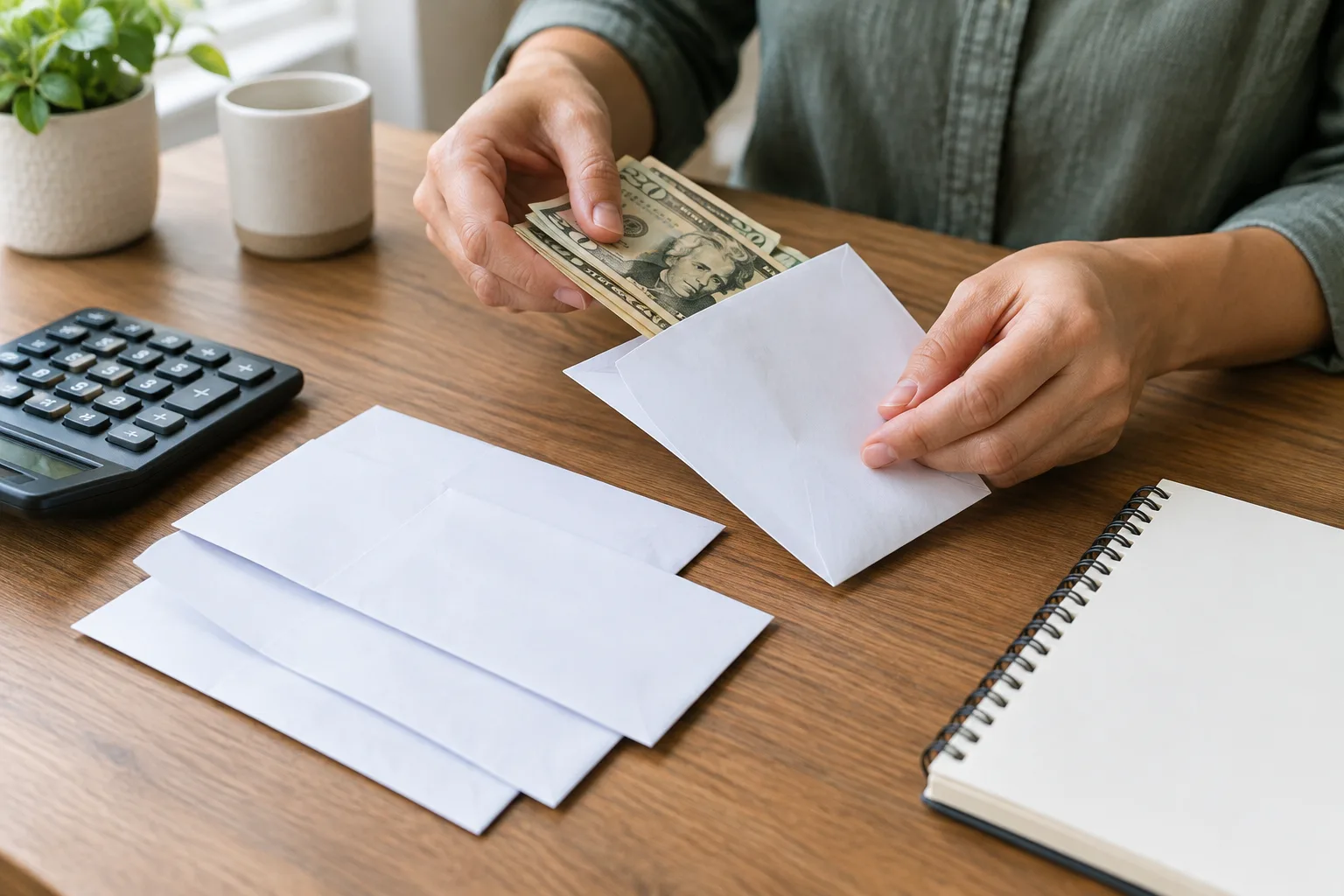 Des mains répartissent une somme entre des enveloppes posées près d’une calculatrice.