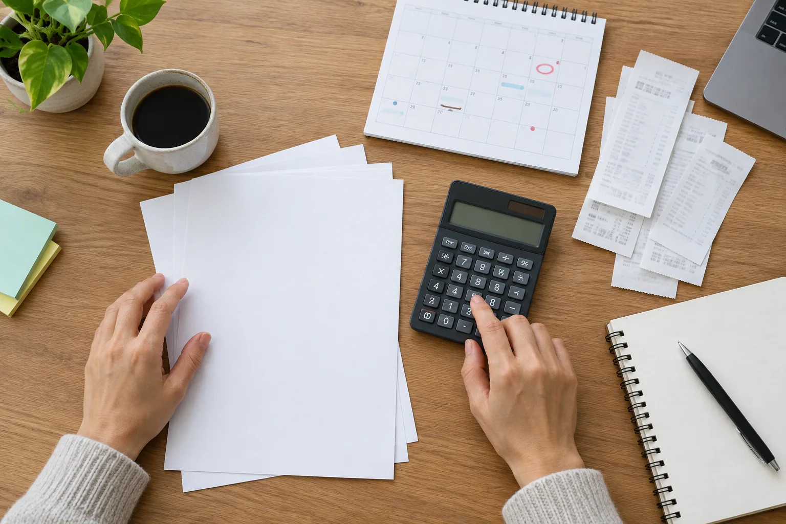 Des mains organisent un calendrier, des reçus et une calculatrice pour estimer les entrées et sorties d’argent.
