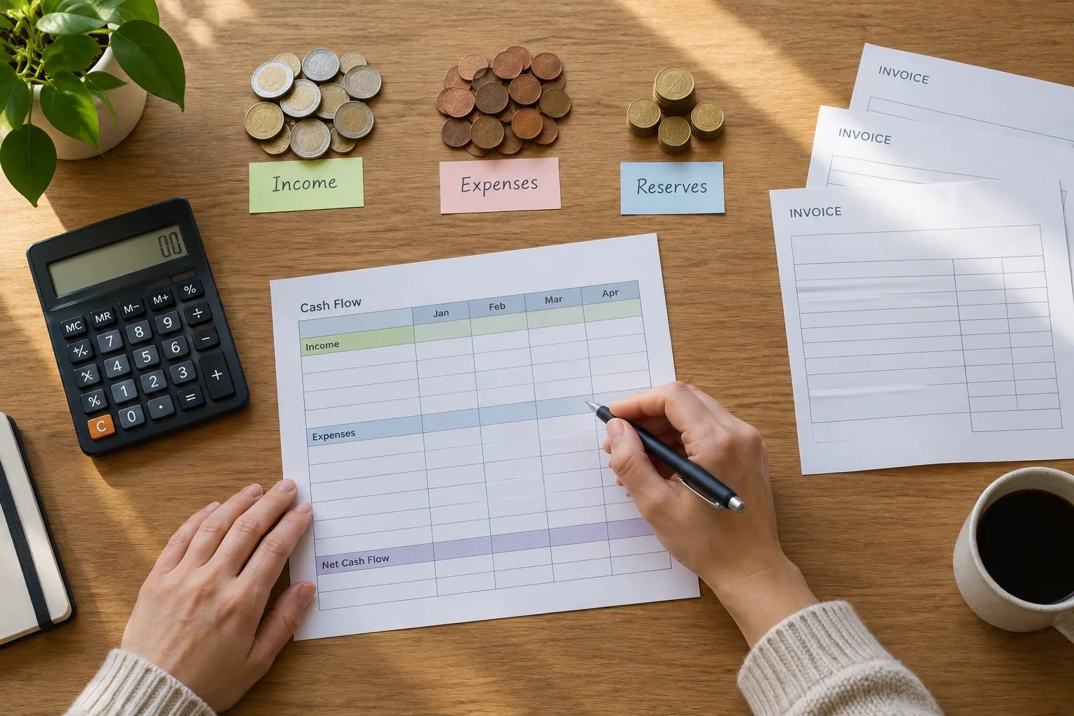 Des mains examinent un tableau de trésorerie à côté d’une calculatrice et de documents.