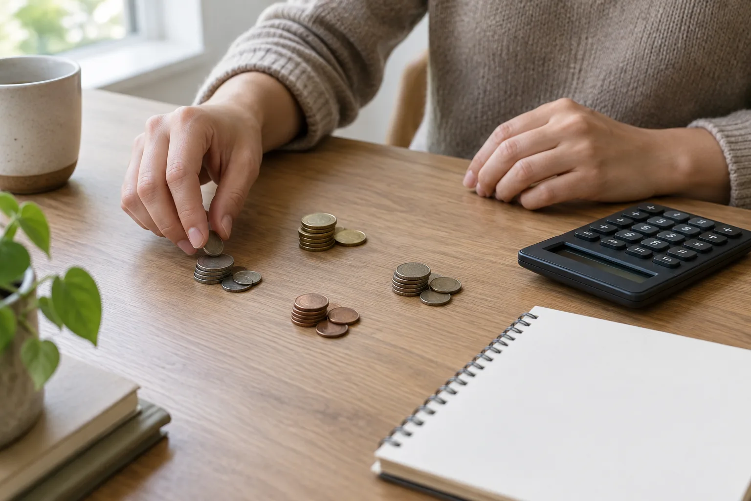 Des pièces réparties en plusieurs groupes près d’une calculatrice illustrent la mise en réserve des sommes encaissées.