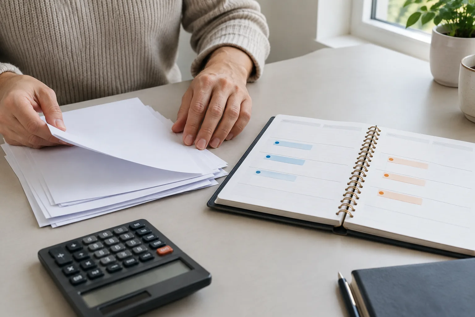 Des factures vierges, un agenda et une calculatrice servent à planifier les encaissements et les dépenses.