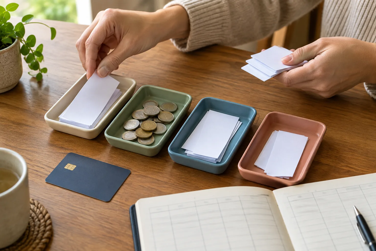 Des mains répartissent des pièces dans plusieurs petits compartiments à côté d’un carnet ouvert.
