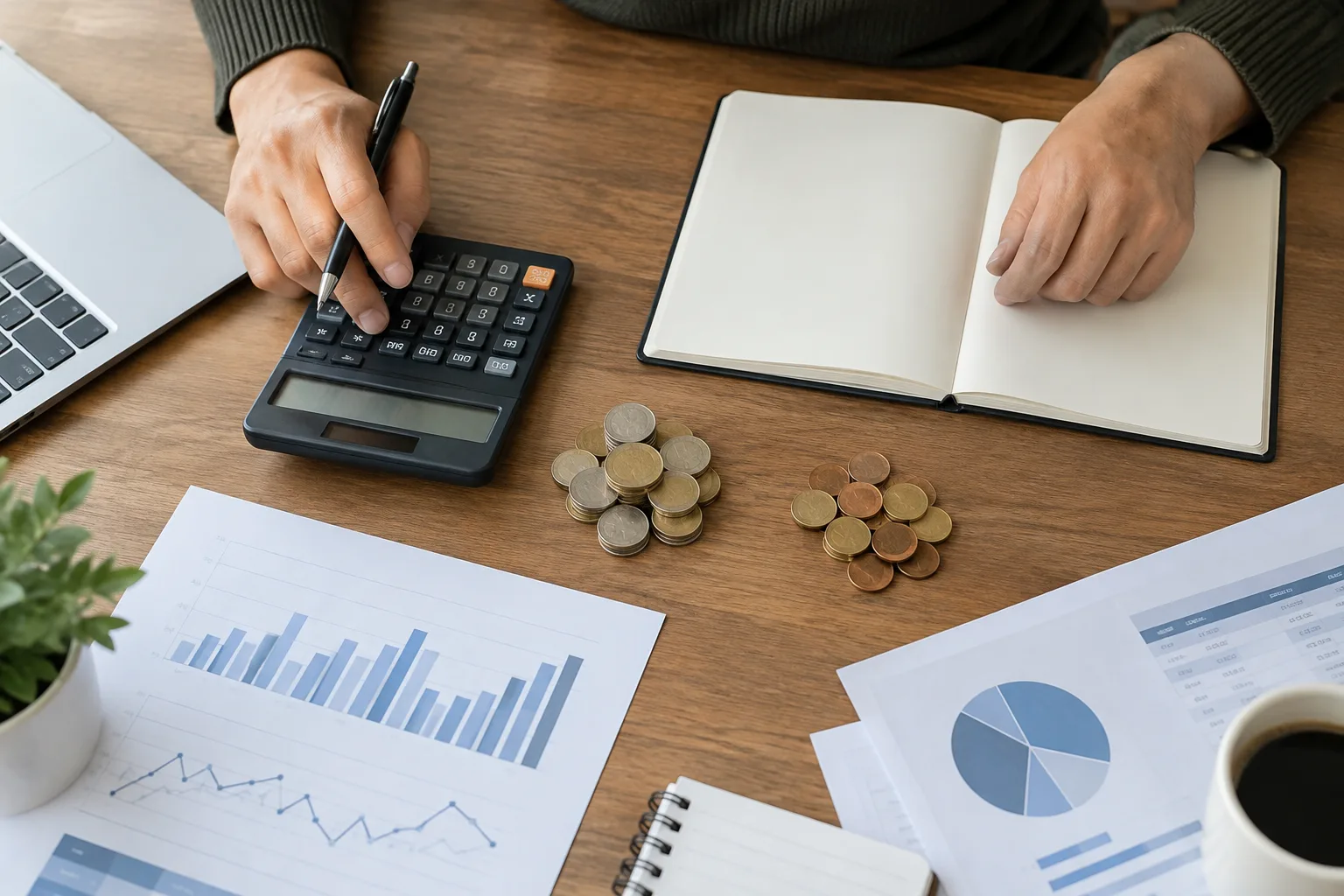 Un bureau avec une calculatrice, un carnet et des pièces pour illustrer des encaissements mensuels irréguliers.