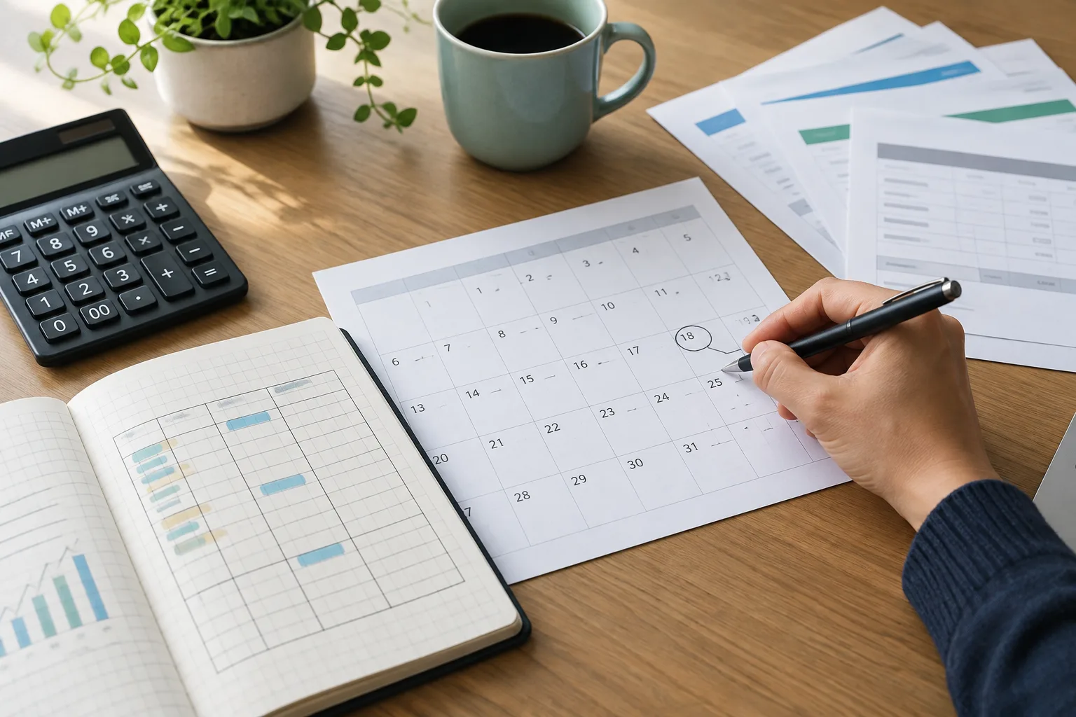 Un carnet de suivi, un calendrier et une calculatrice servent à prévoir les encaissements et les dépenses.