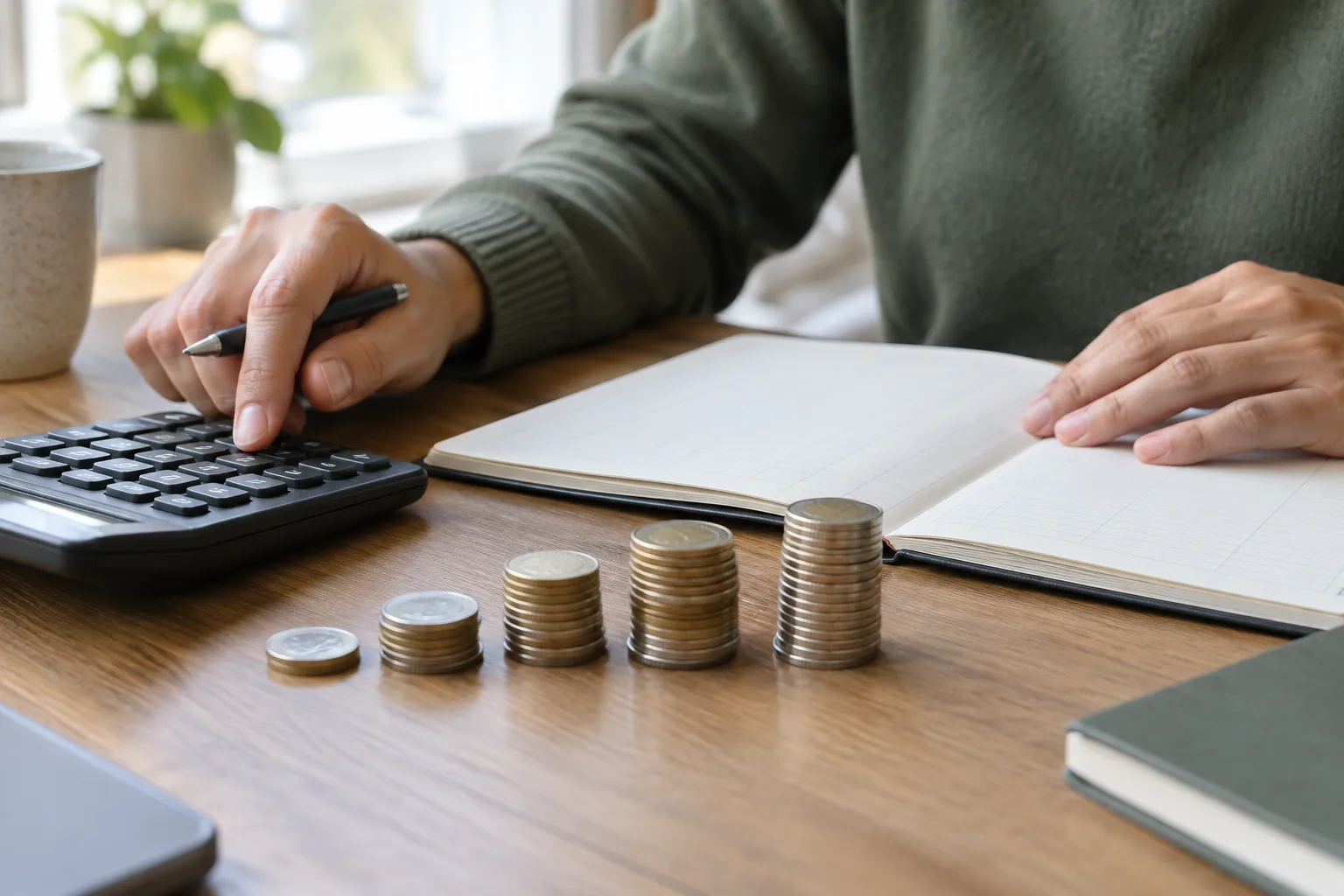 Des mains utilisent une calculatrice près d’un registre vierge et de petites piles de pièces.
