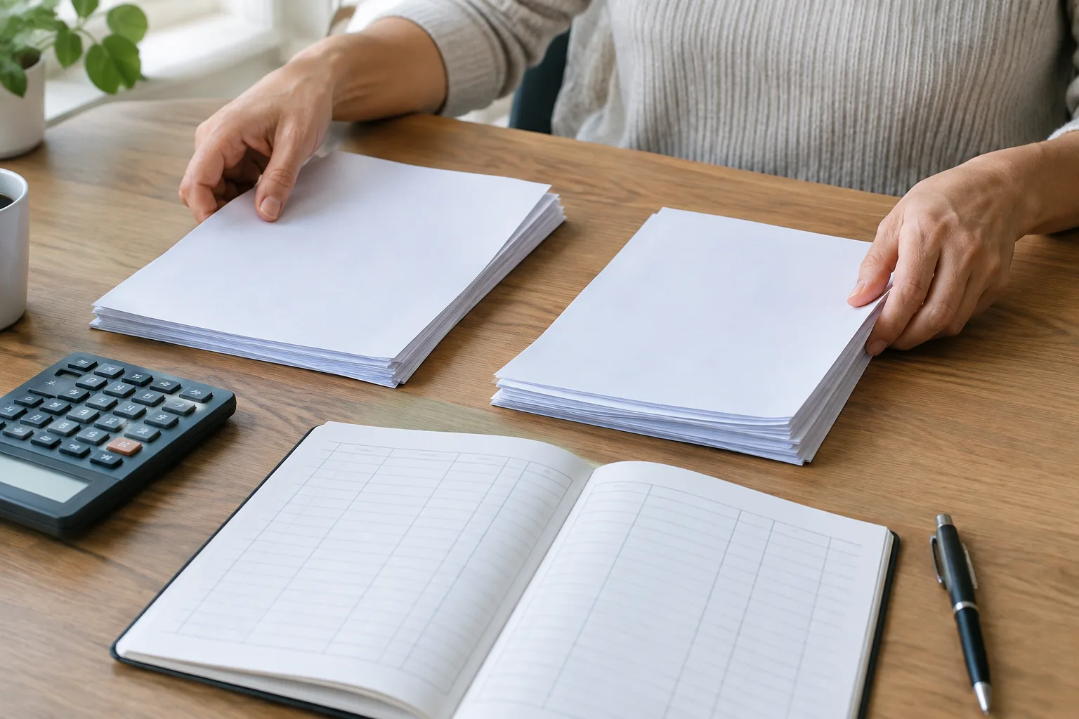 Des documents vierges séparés en deux piles, avec un carnet et une calculatrice.
