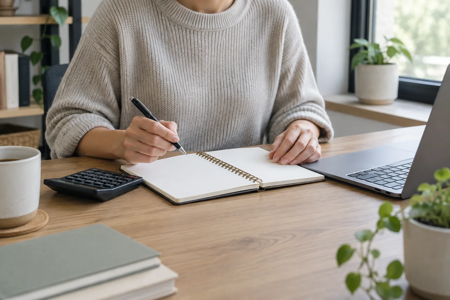 Mains préparant un suivi de trésorerie sur un bureau avec un carnet et une calculatrice.