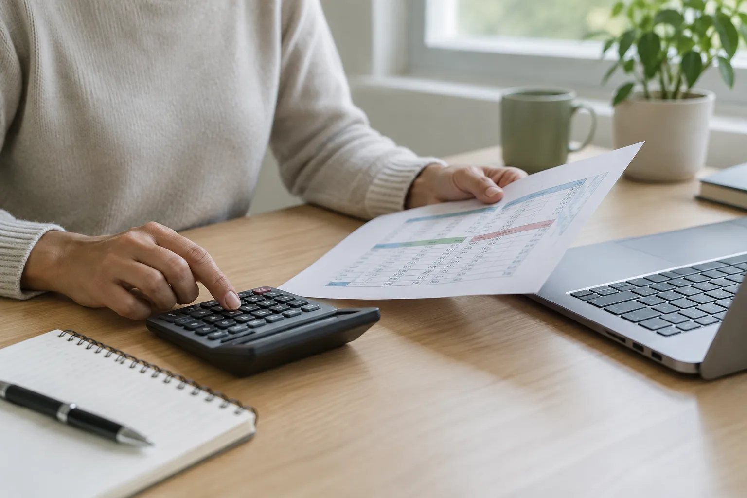 Des mains consultent un budget papier avec une calculatrice et un ordinateur sur un bureau.