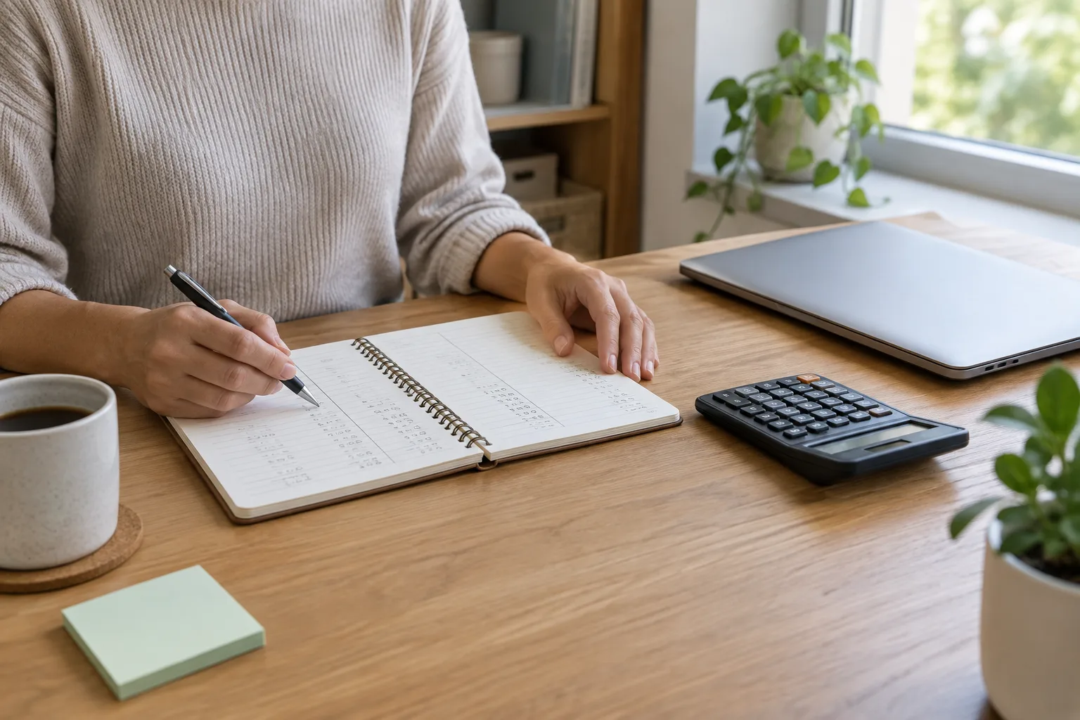 Un carnet de suivi financier et une calculatrice posés sur le bureau d’un indépendant.
