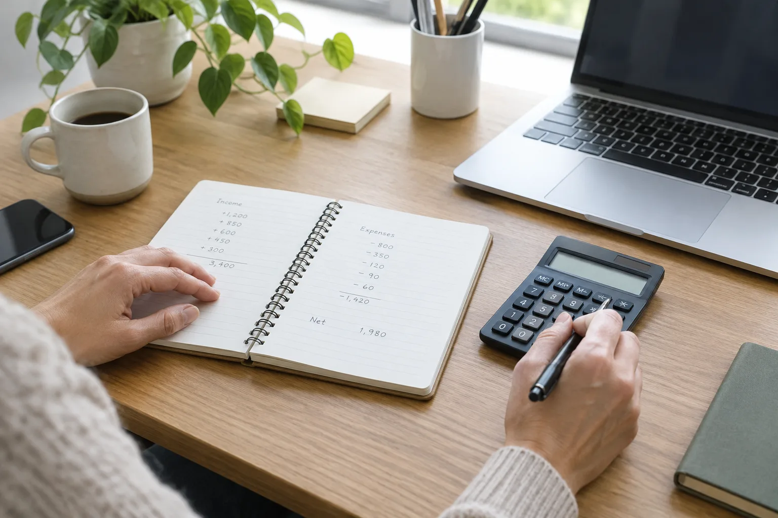 Des mains consultent un carnet de suivi financier à côté d’une calculatrice et d’un ordinateur.