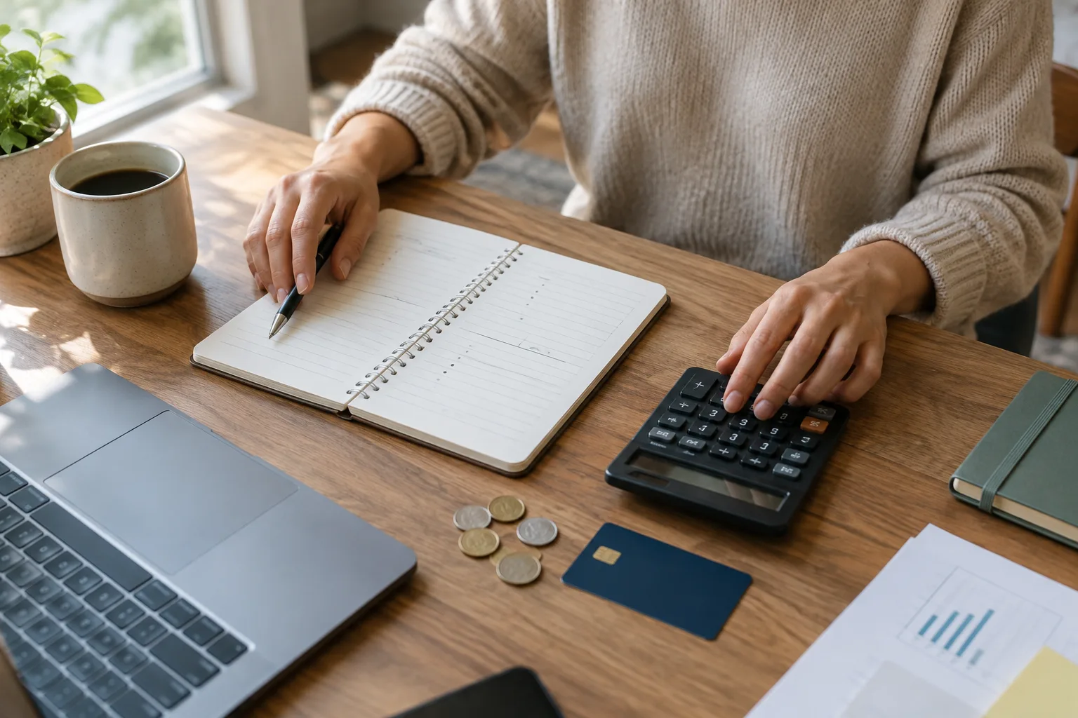 Un indépendant organise ses comptes avec un carnet, une calculatrice et quelques pièces.