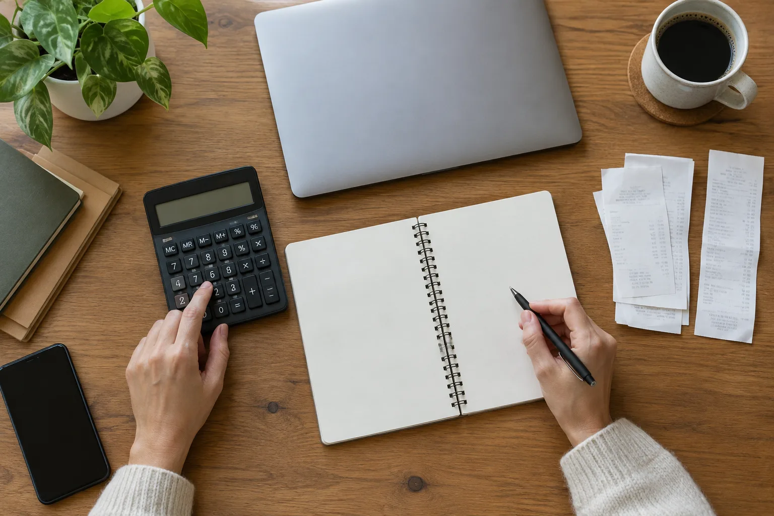 Un bureau avec calculatrice, carnet et reçus pour préparer le suivi de trésorerie d’une activité indépendante.