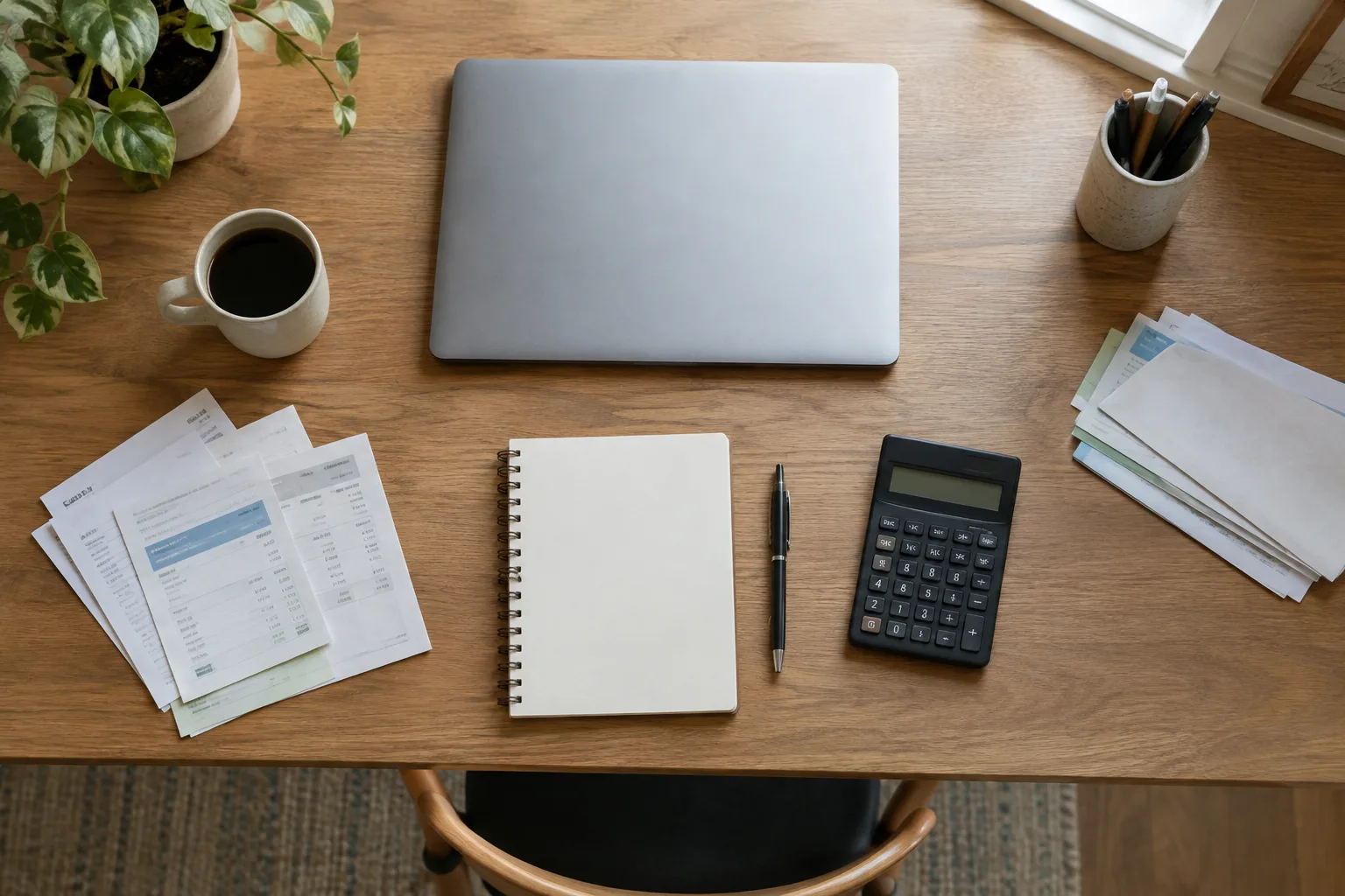 Un bureau de travail avec un carnet, une calculatrice et des documents de gestion.