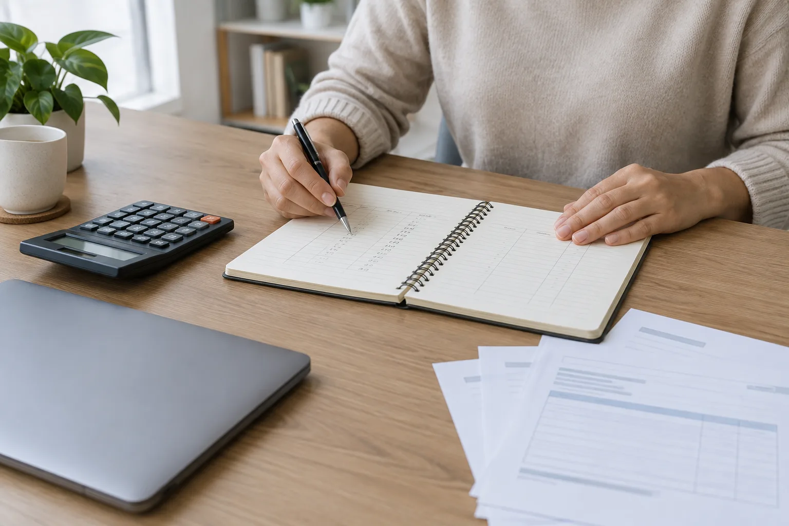 Un bureau avec un carnet de suivi financier, une calculatrice et des factures sans texte lisible.