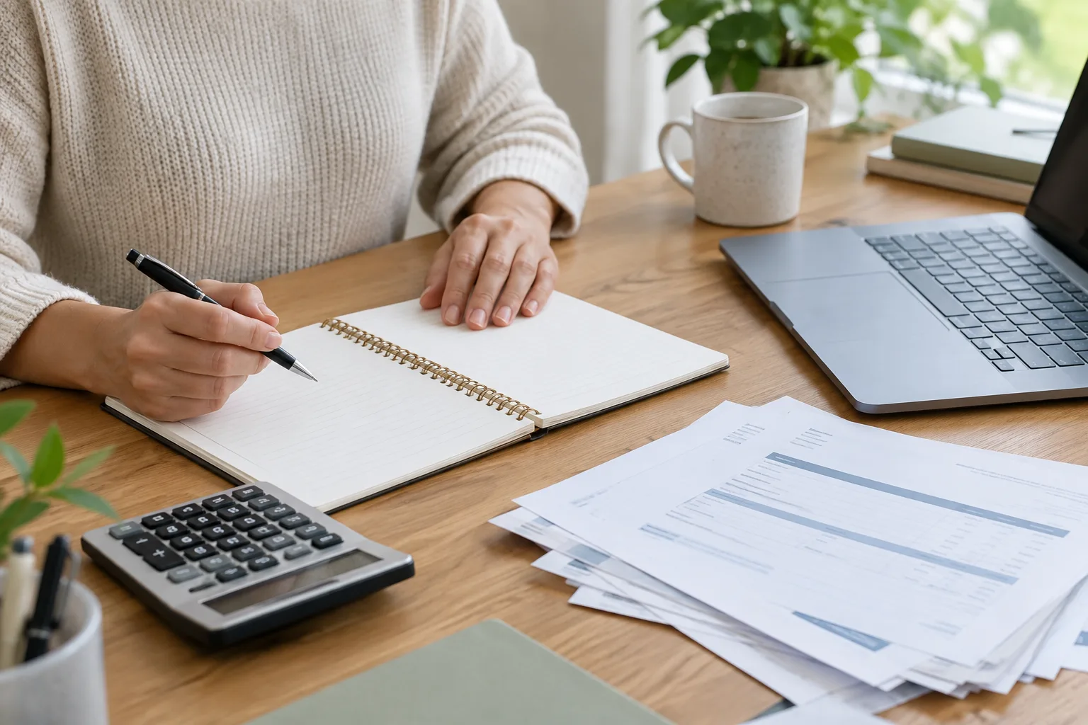 Un indépendant organise ses prévisions de trésorerie à l’aide d’un carnet et d’une calculatrice.