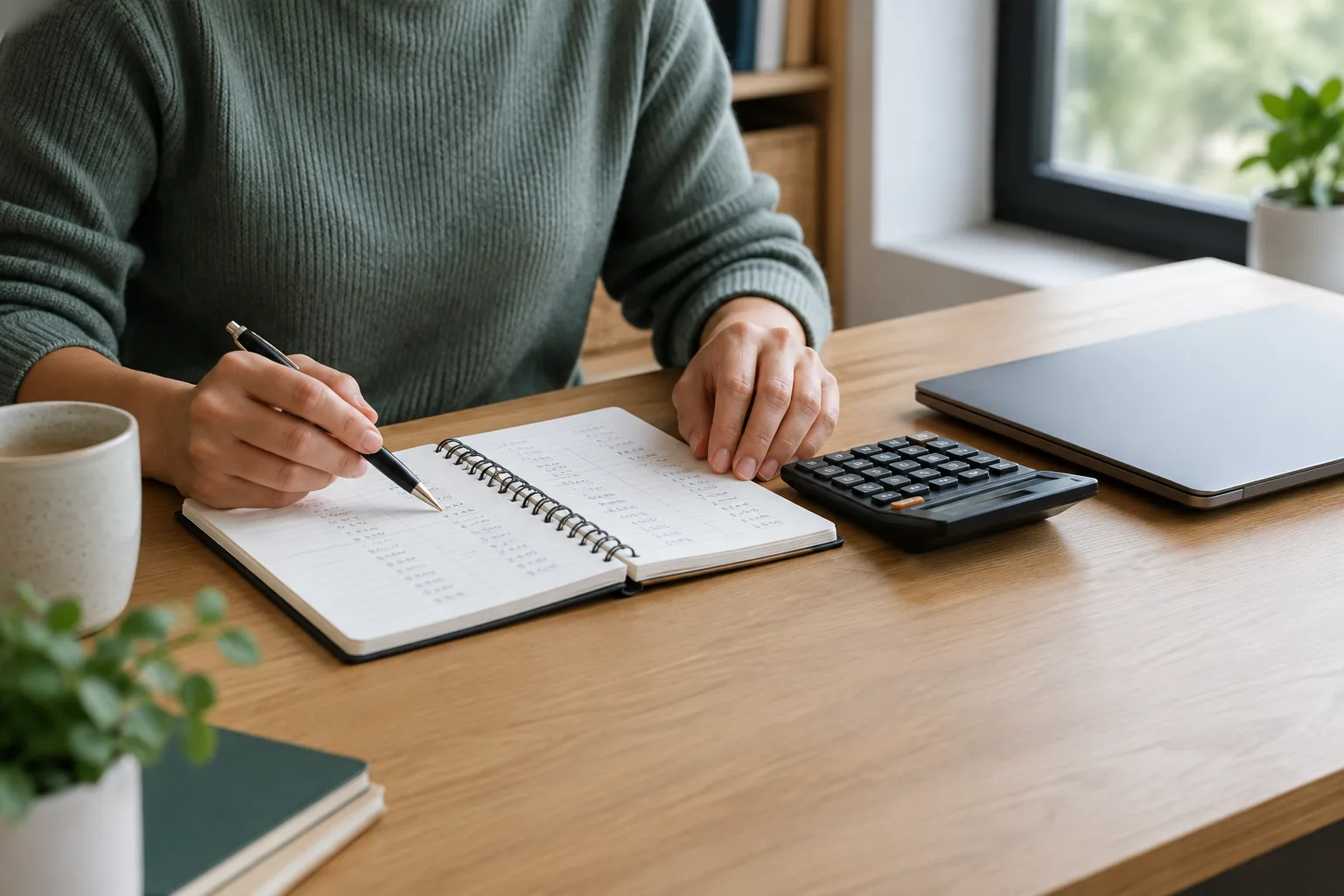 Un carnet de suivi financier et une calculatrice posés sur le bureau d’un indépendant.
