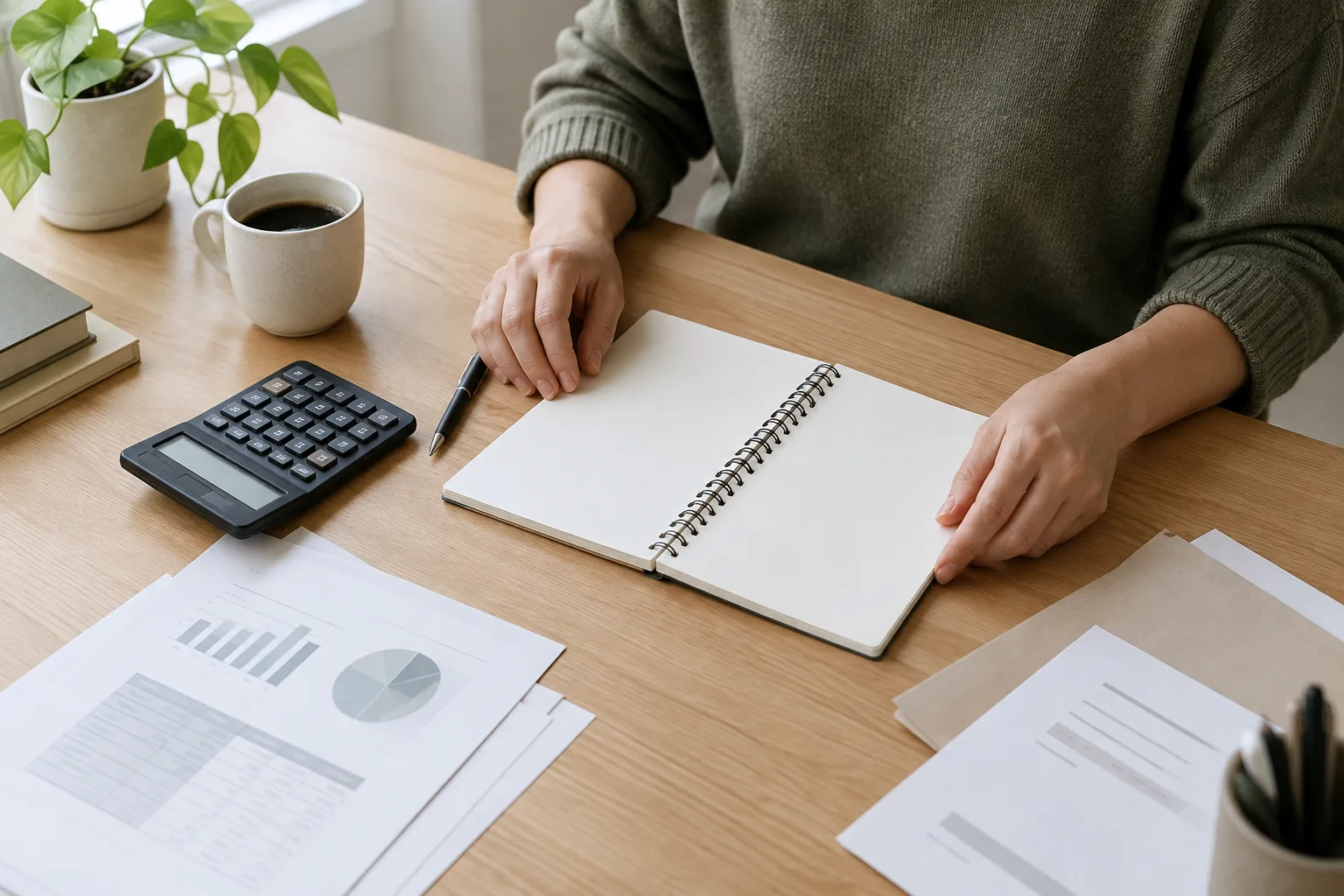 Un indépendant organise ses documents financiers et son budget sur un bureau éclairé par la lumière du jour.