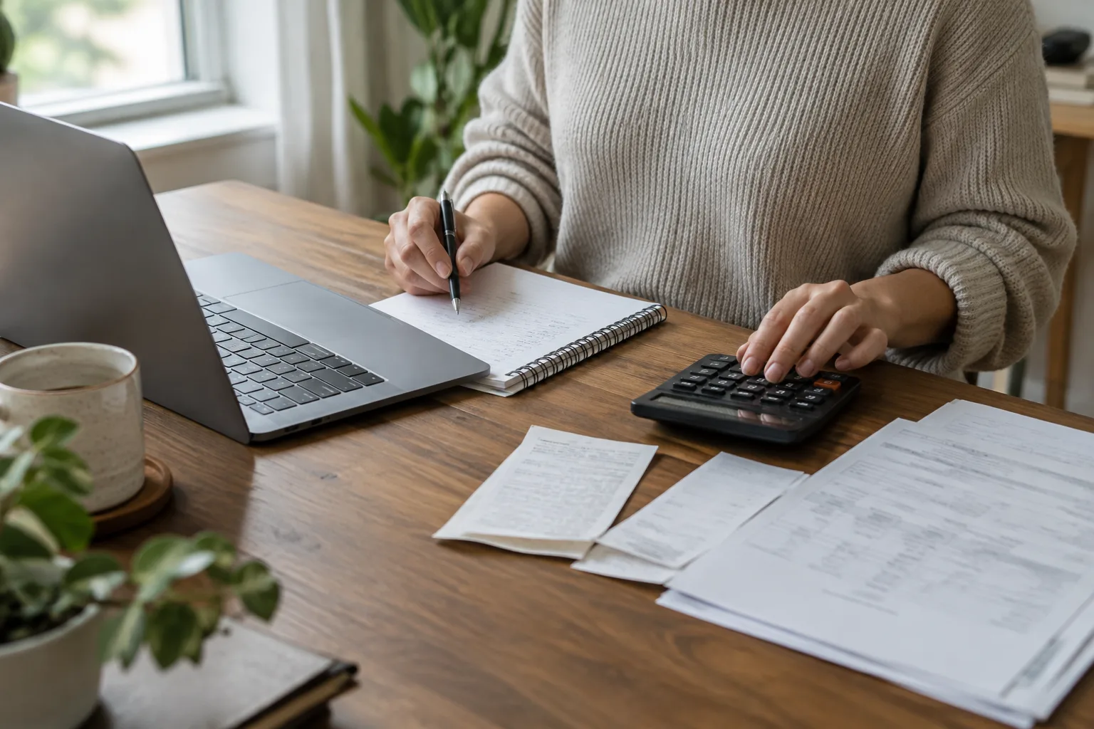 Un indépendant suit ses factures et ses dépenses à l’aide d’un carnet et d’une calculatrice.