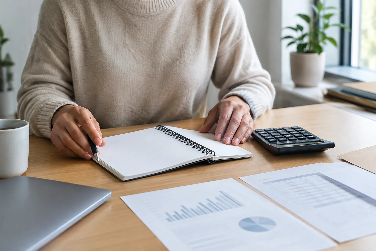 Un indépendant examine ses comptes à côté d’un carnet et d’une calculatrice.