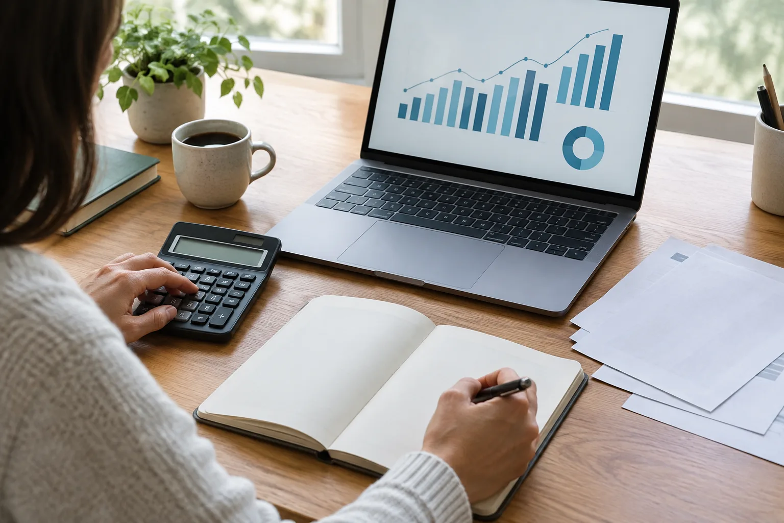 Un indépendant examine ses comptes avec un carnet et une calculatrice sur son bureau.