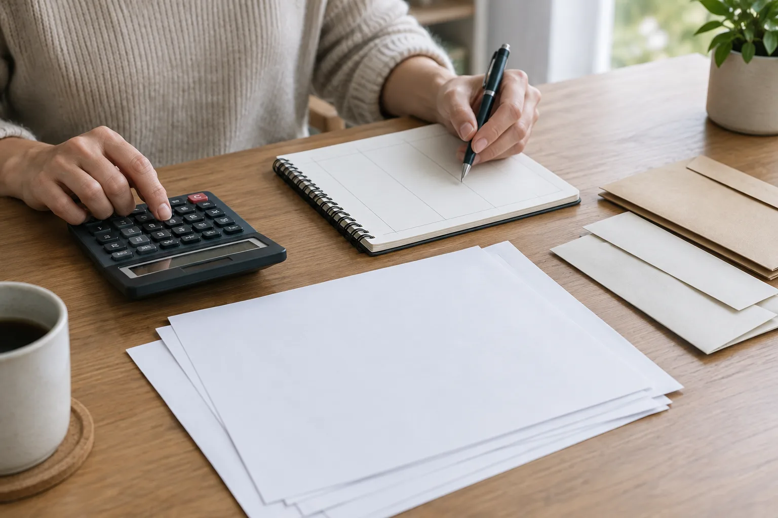 Un carnet, une calculatrice et des enveloppes illustrent la répartition d’un paiement client.